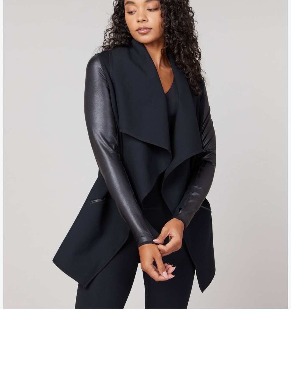 SPANX Black Open-Front Draped Jacket with Faux-Leather Sleeves